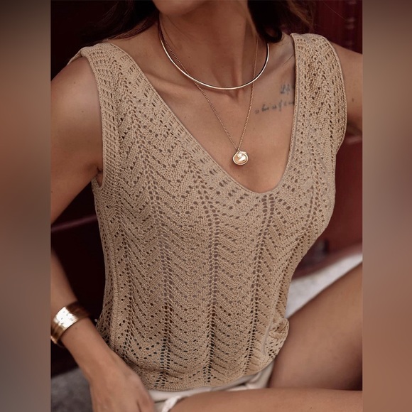 Pale Khaki Scalloped Hem V Neck Crochet Knit Tank Top Bohemian Blouse - Picture 8 of 15